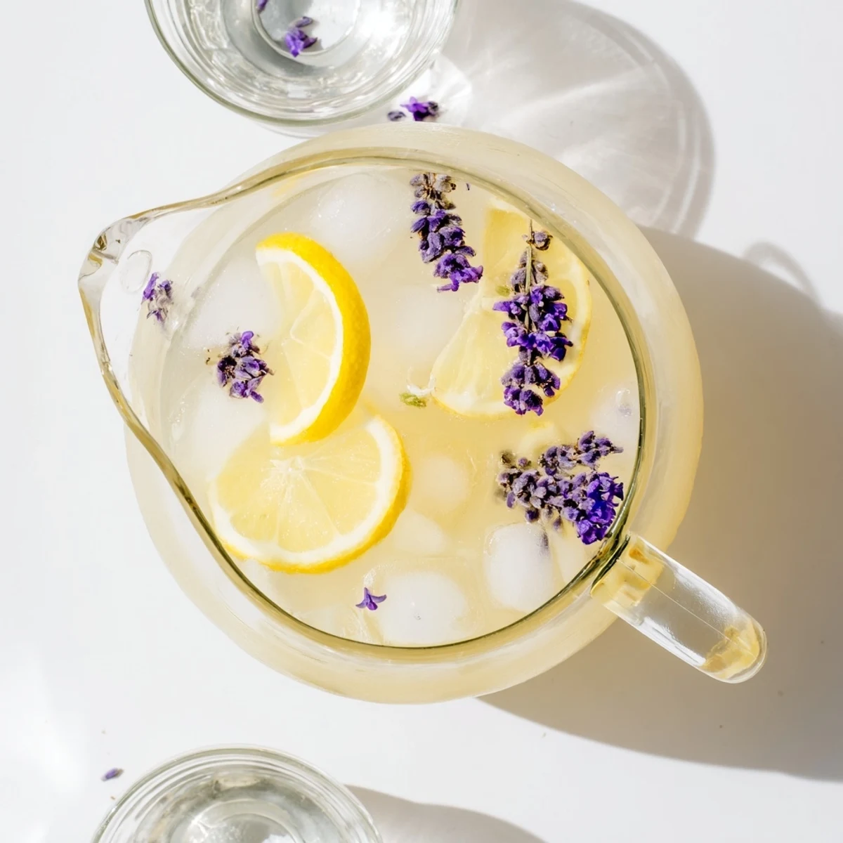Pale yellow floral lemonade poured over ice with lemon wheel garnish and dried lavender buds visible