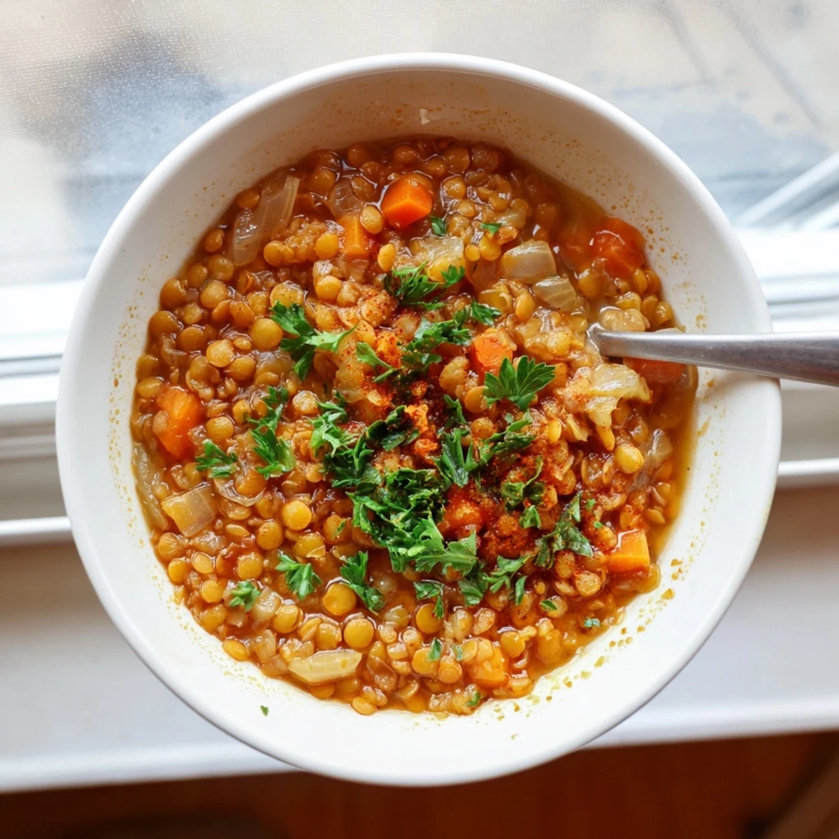 Creamy caramelized onion red lentil soup served with crusty bread for a cozy dinner