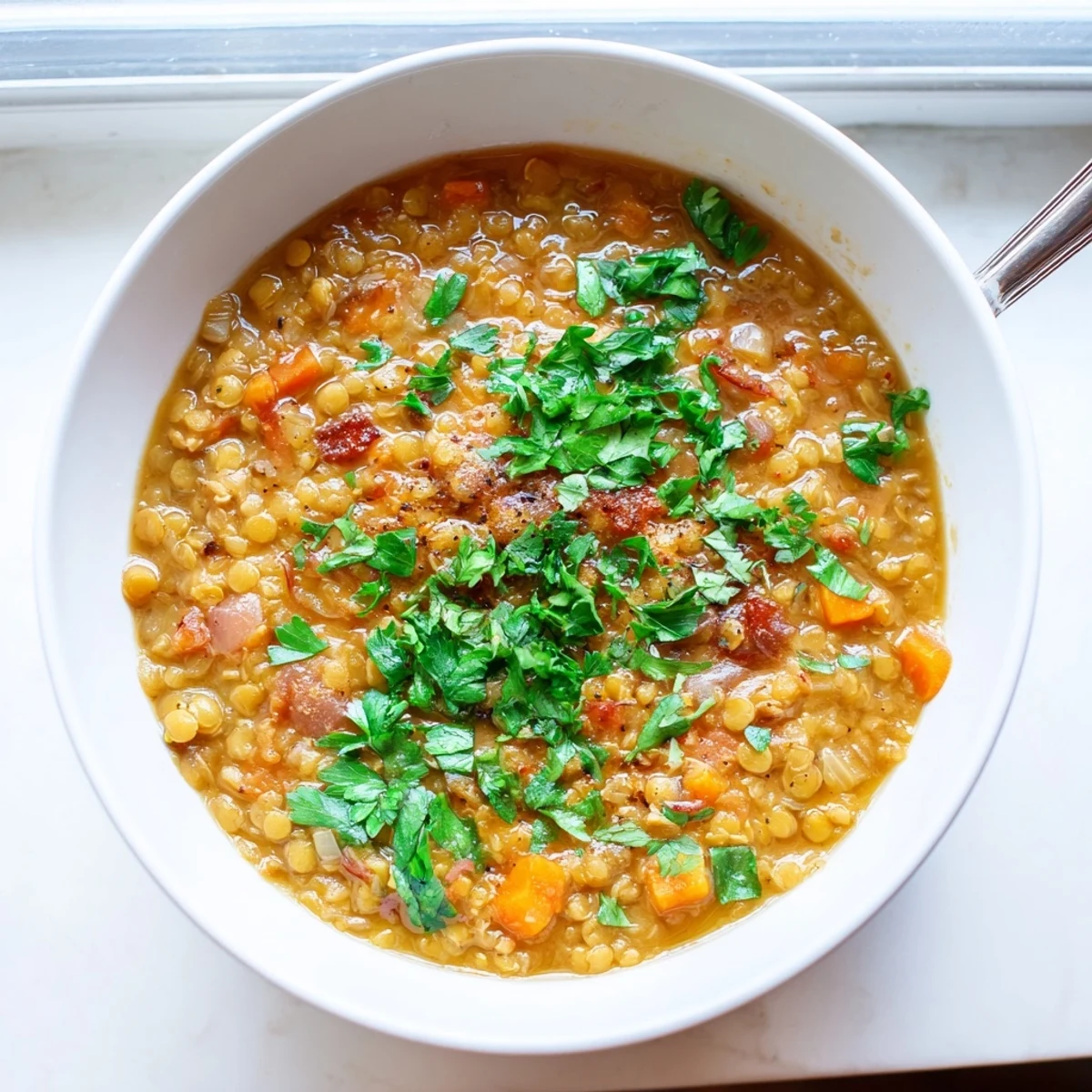 Bowl of caramelized onion red lentil soup garnished with fresh parsley and lemon