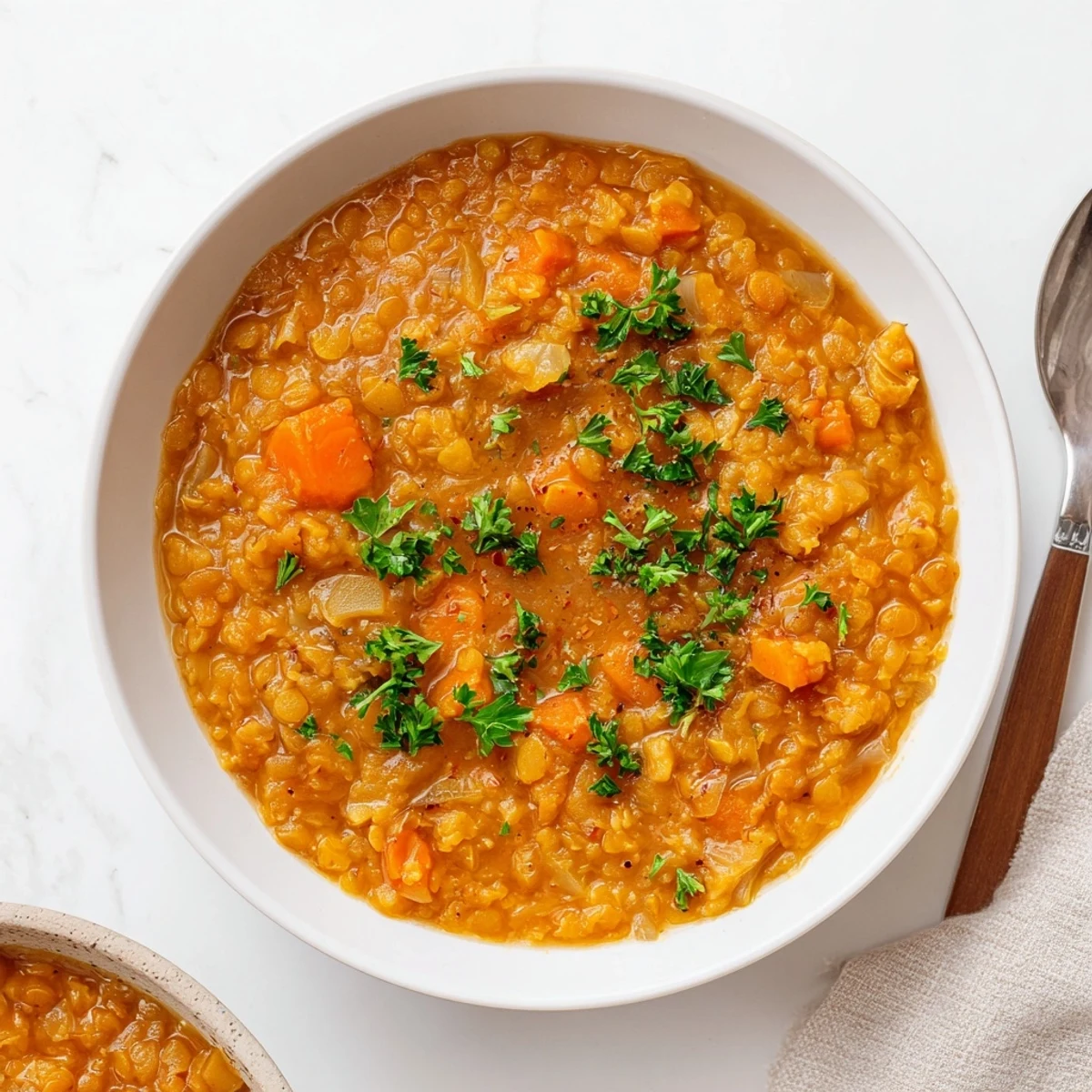 Golden caramelized onions swirl through this warming red lentil soup in a white bowl