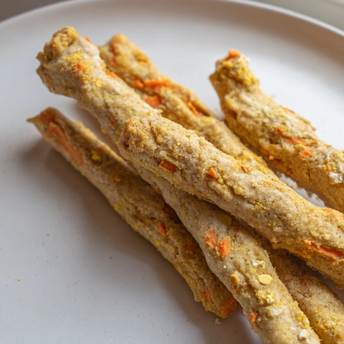 Crunchy apple and carrot dog chew sticks cooling on a baking sheet after oven baking.