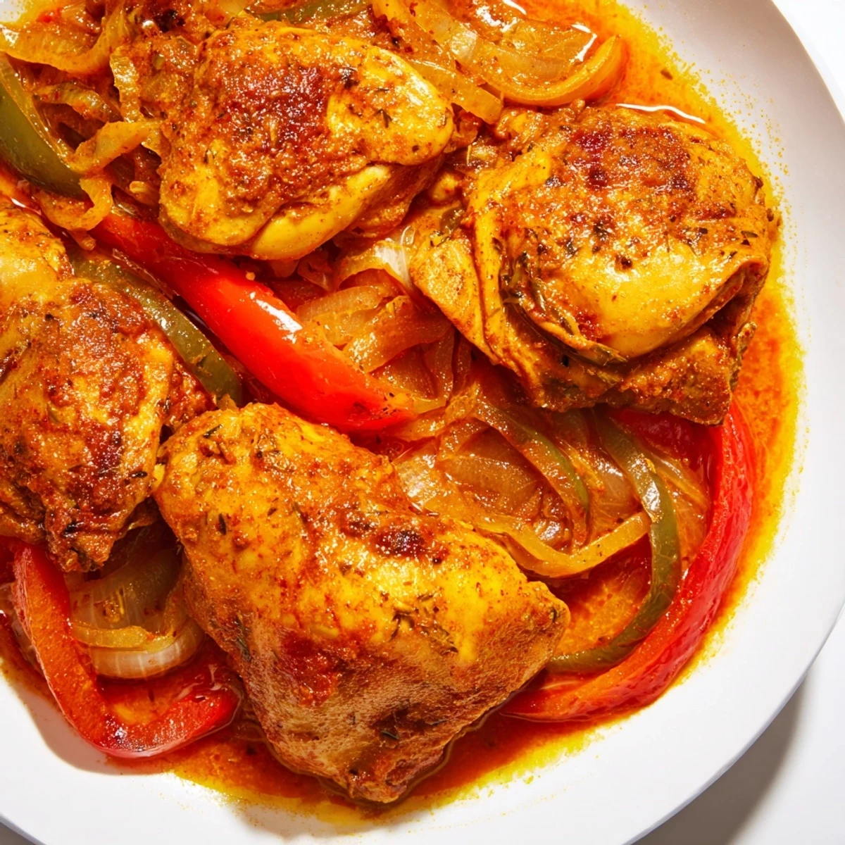 Tender Senegalese chicken simmered in rich tomato sauce with colorful bell peppers and aromatic spices