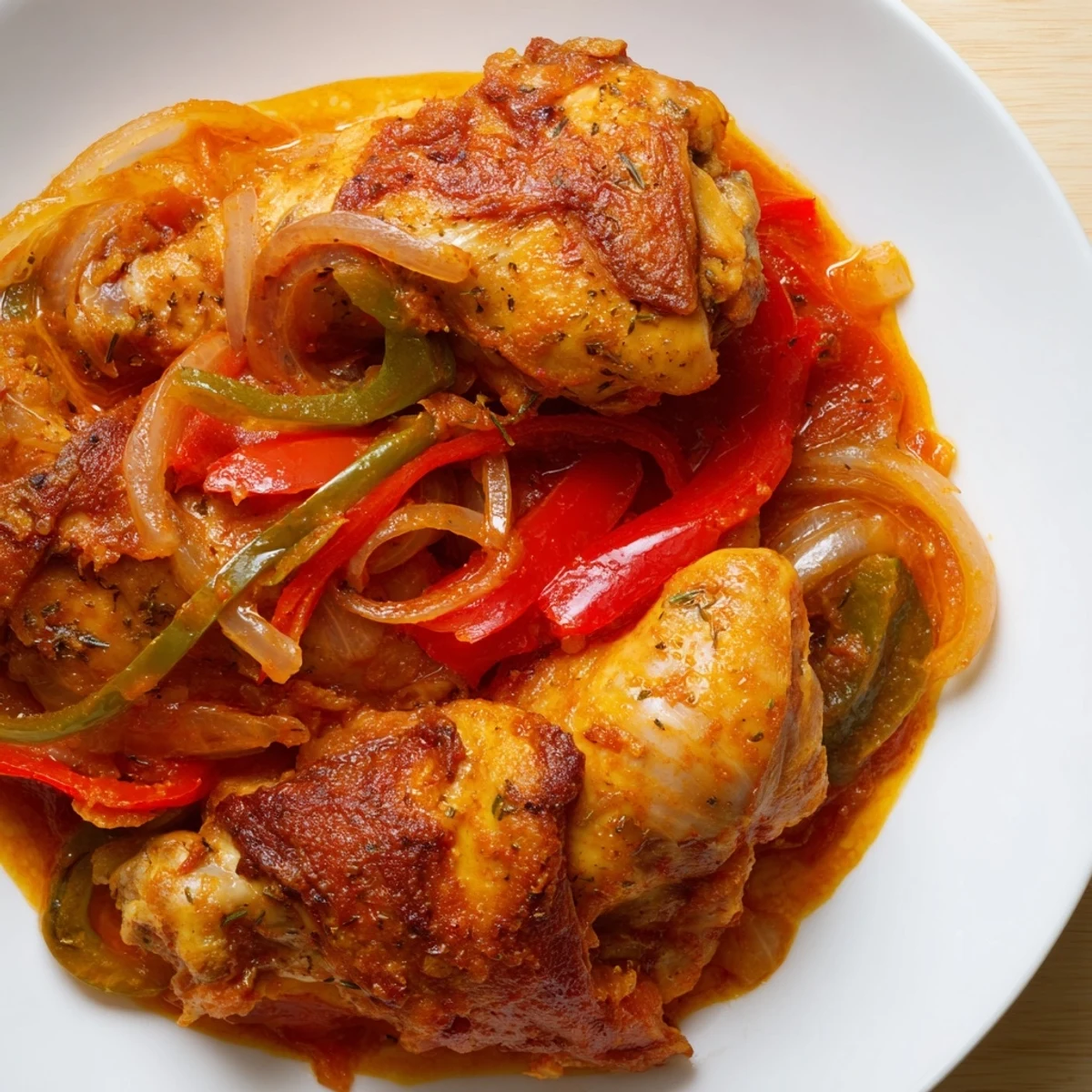 Golden brown Senegalese chicken pieces nestled in thick, savory onion and tomato stew