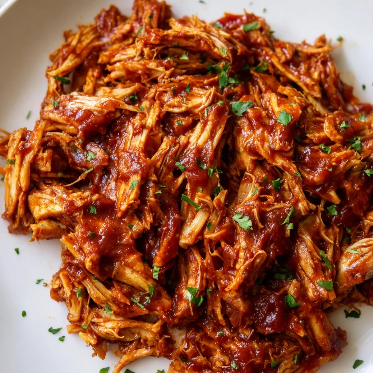 Tender Sweet Baby Ray's Crockpot Chicken glazed with rich barbecue sauce on a white plate.