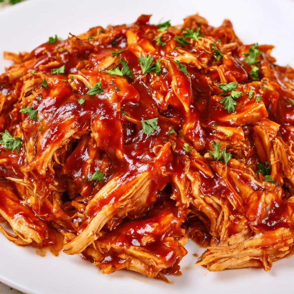 Savory Sweet Baby Ray's Crockpot Chicken shredded and coated in thick, glossy honey BBQ sauce.