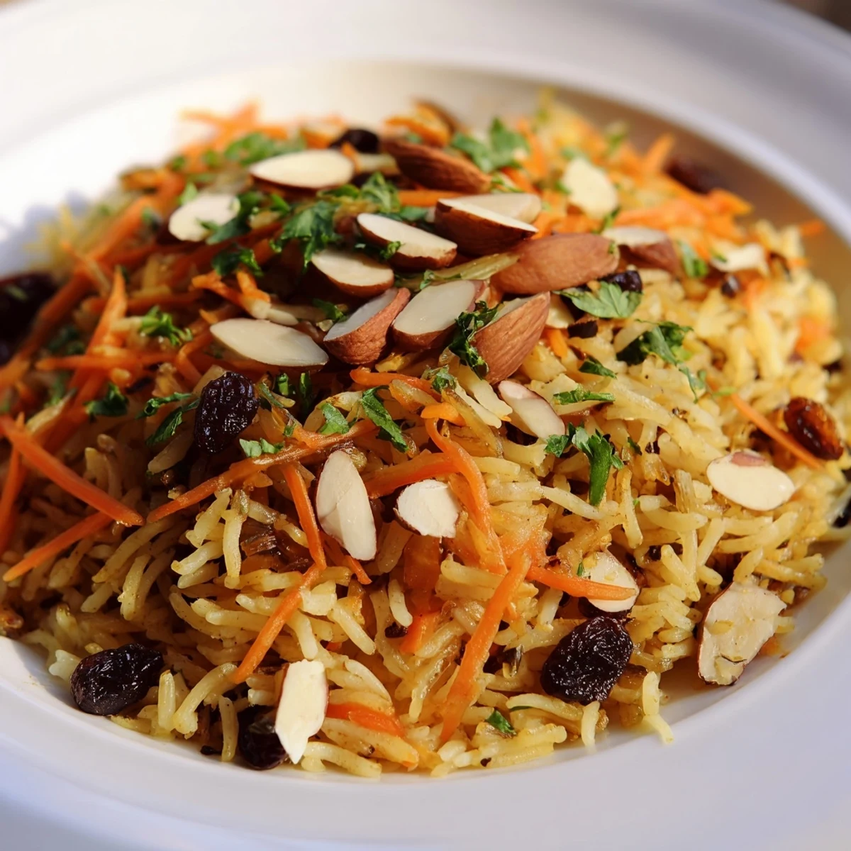 Afghan rice steamed with aromatic spices, golden carrots, and plump sweet raisins