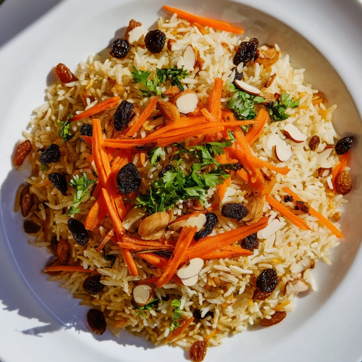 Fluffy Afghan rice topped with caramelized carrots, raisins, and fresh green herbs