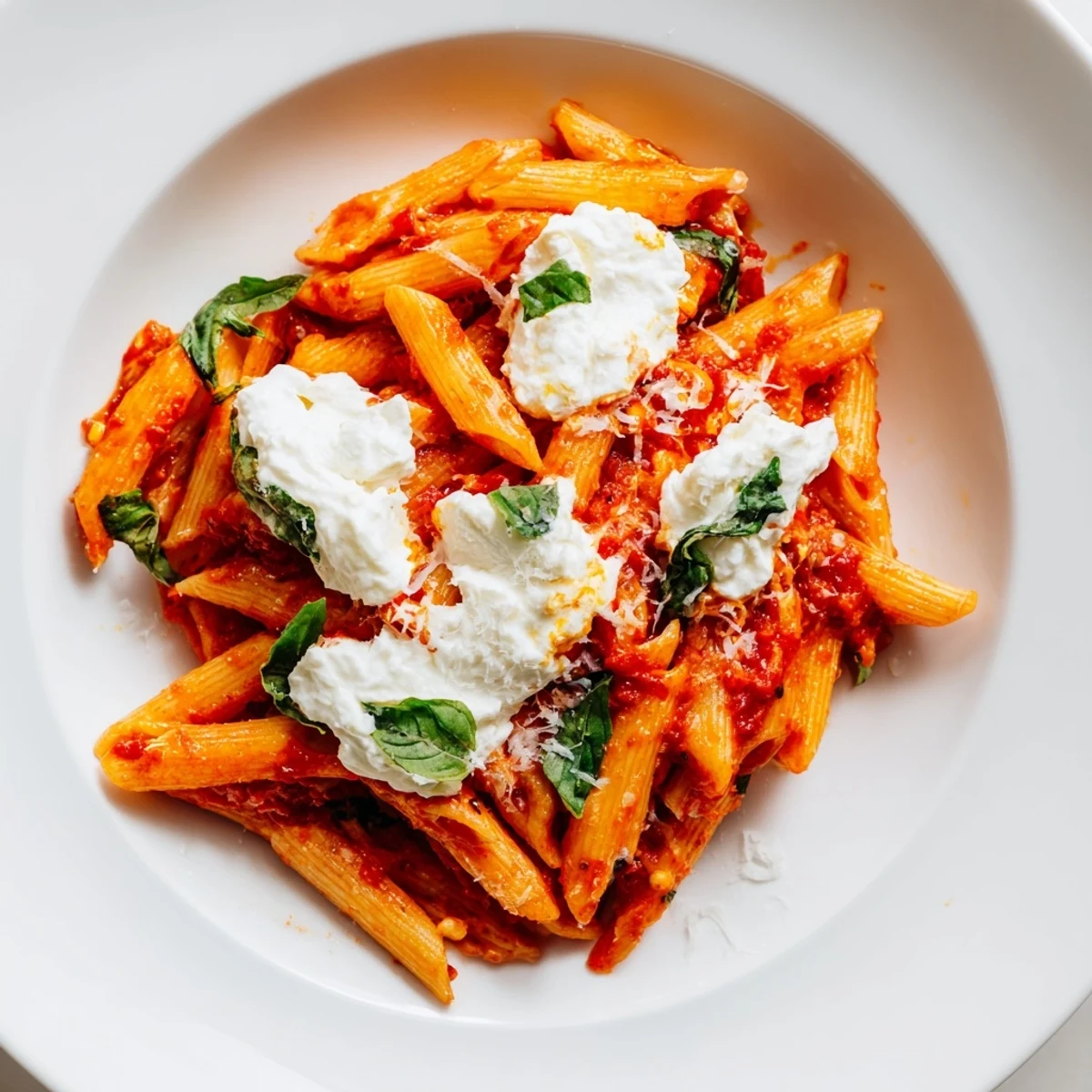 Creamy tomato garlic ricotta penne topped with fresh basil and Parmesan cheese