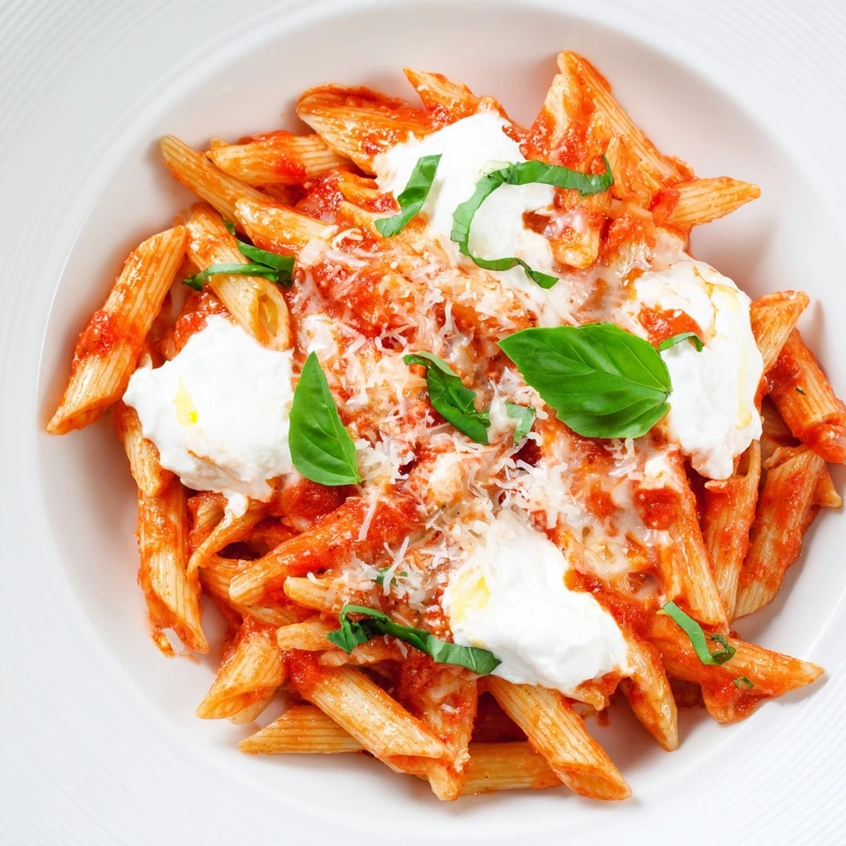 Tomato garlic ricotta penne in vibrant red sauce with pillowy cheese dollops