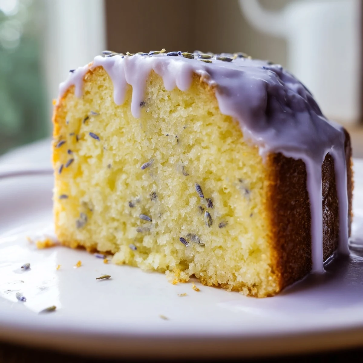 Lavender cake with lemon glaze drizzled over a tender crumb, garnished with purple buds