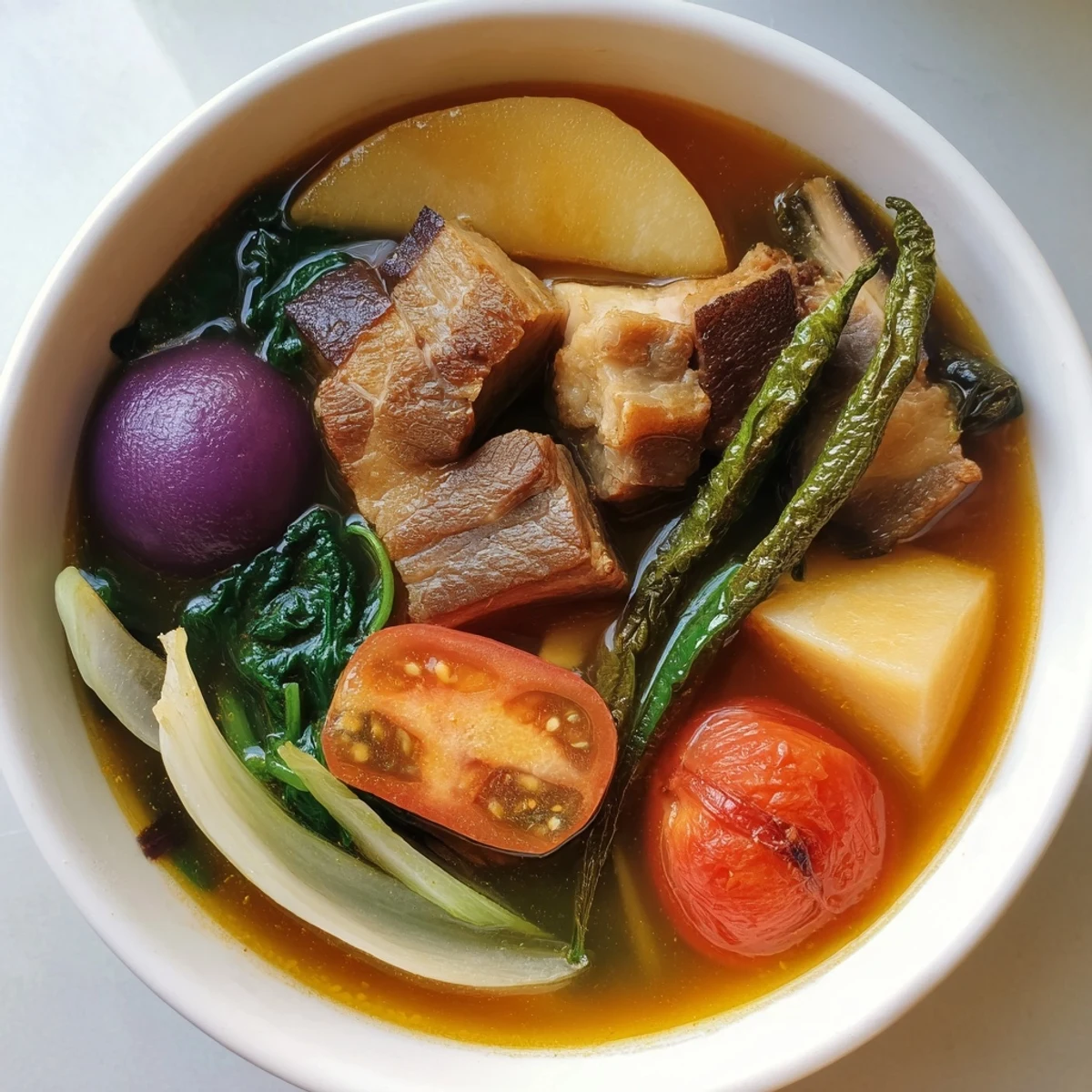 Filipino Sinigang sour soup with tender pork chunks and fresh vegetables in steaming bowl