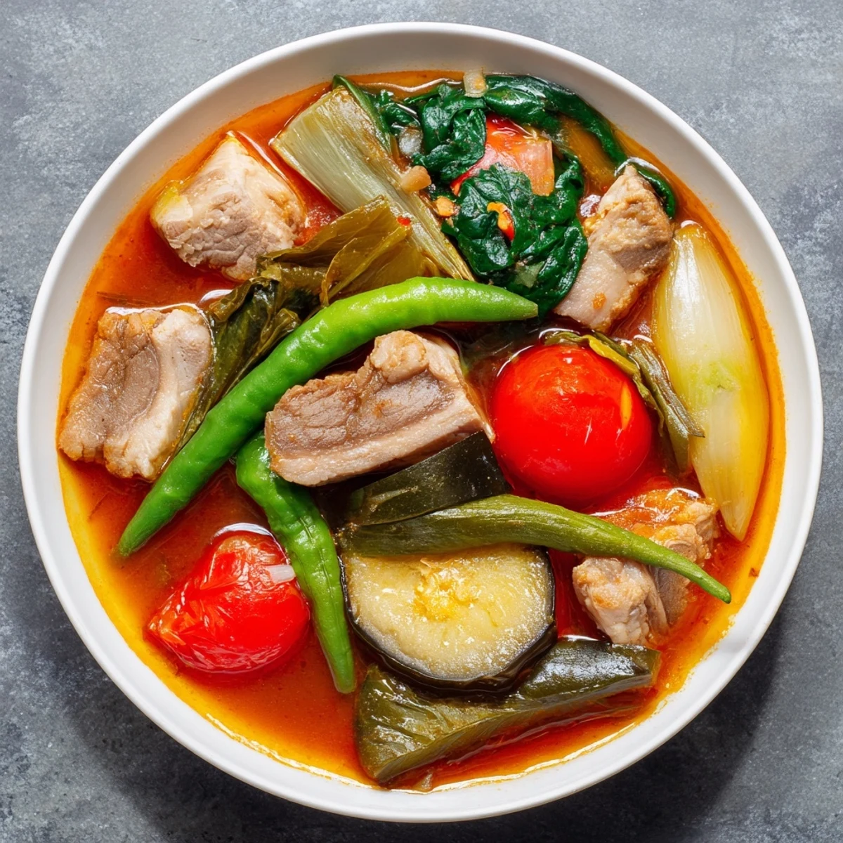 Tangy Filipino Sinigang sour soup featuring colorful vegetables and savory broth served piping hot