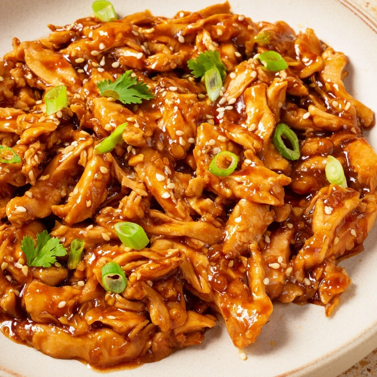 Slow Cooker Sweet Chili Chicken glazed in sticky sauce topped with green onion garnish