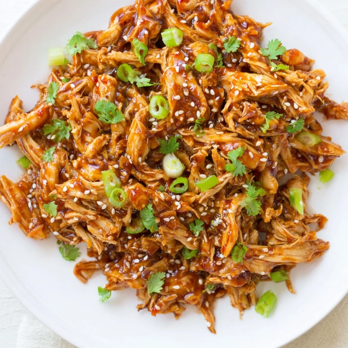 Tender shredded Slow Cooker Sweet Chili Chicken drizzled with glossy Asian-inspired sauce on plate