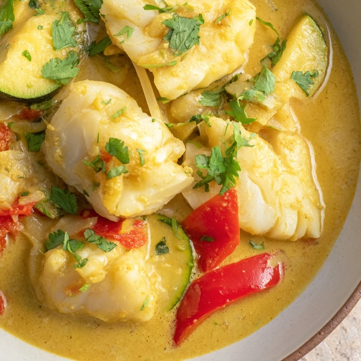 Creamy coconut white fish stew in golden broth with tender vegetables and fresh cilantro garnish