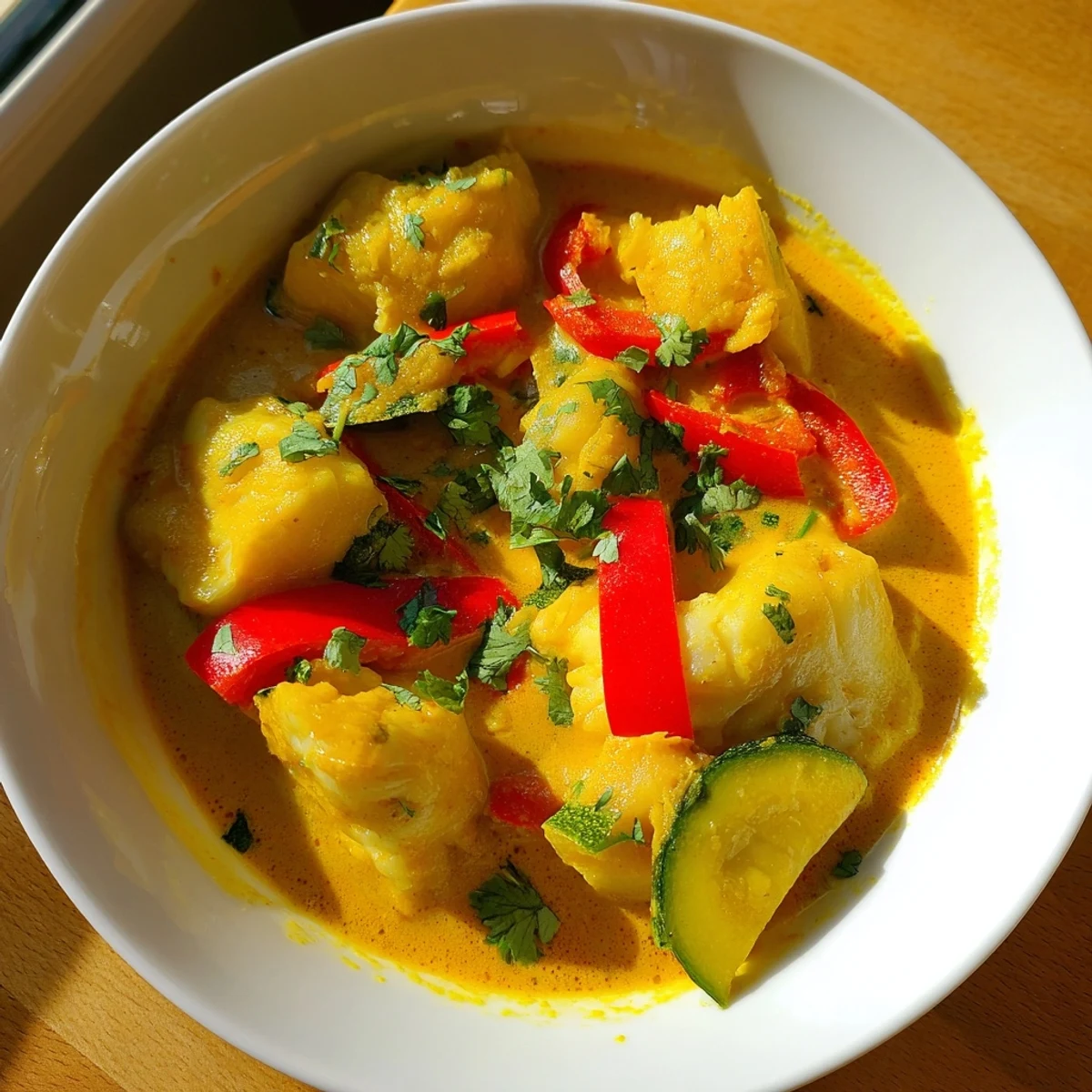 White fish stew simmered in rich coconut milk with colorful vegetables in white bowl