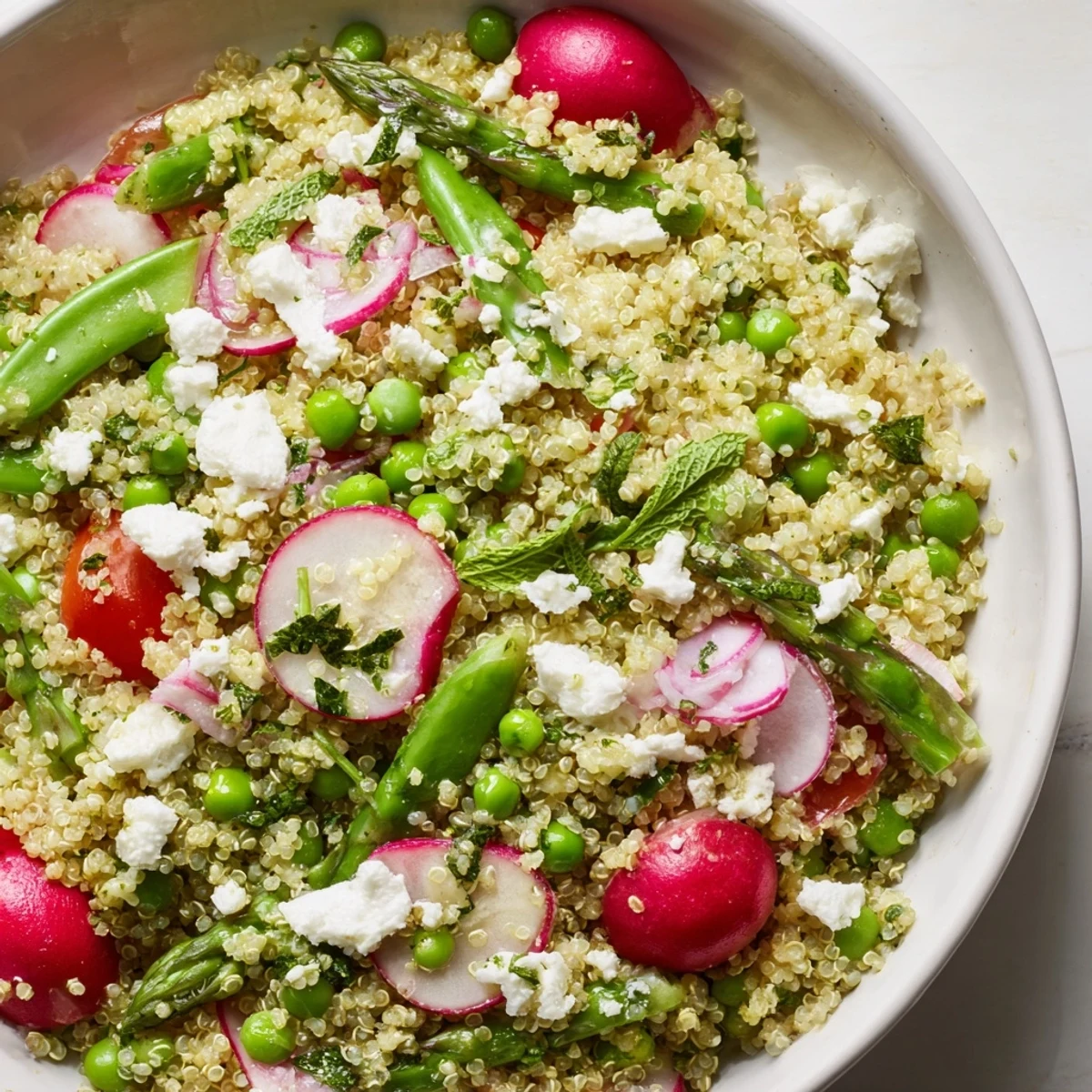 Colorful Spring Vegetable Quinoa Salad topped with crumbled feta in a bright serving bowl