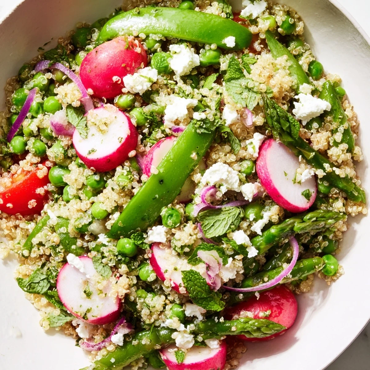 Fluffy Spring Vegetable Quinoa Salad with crisp asparagus snap peas and fresh herbs