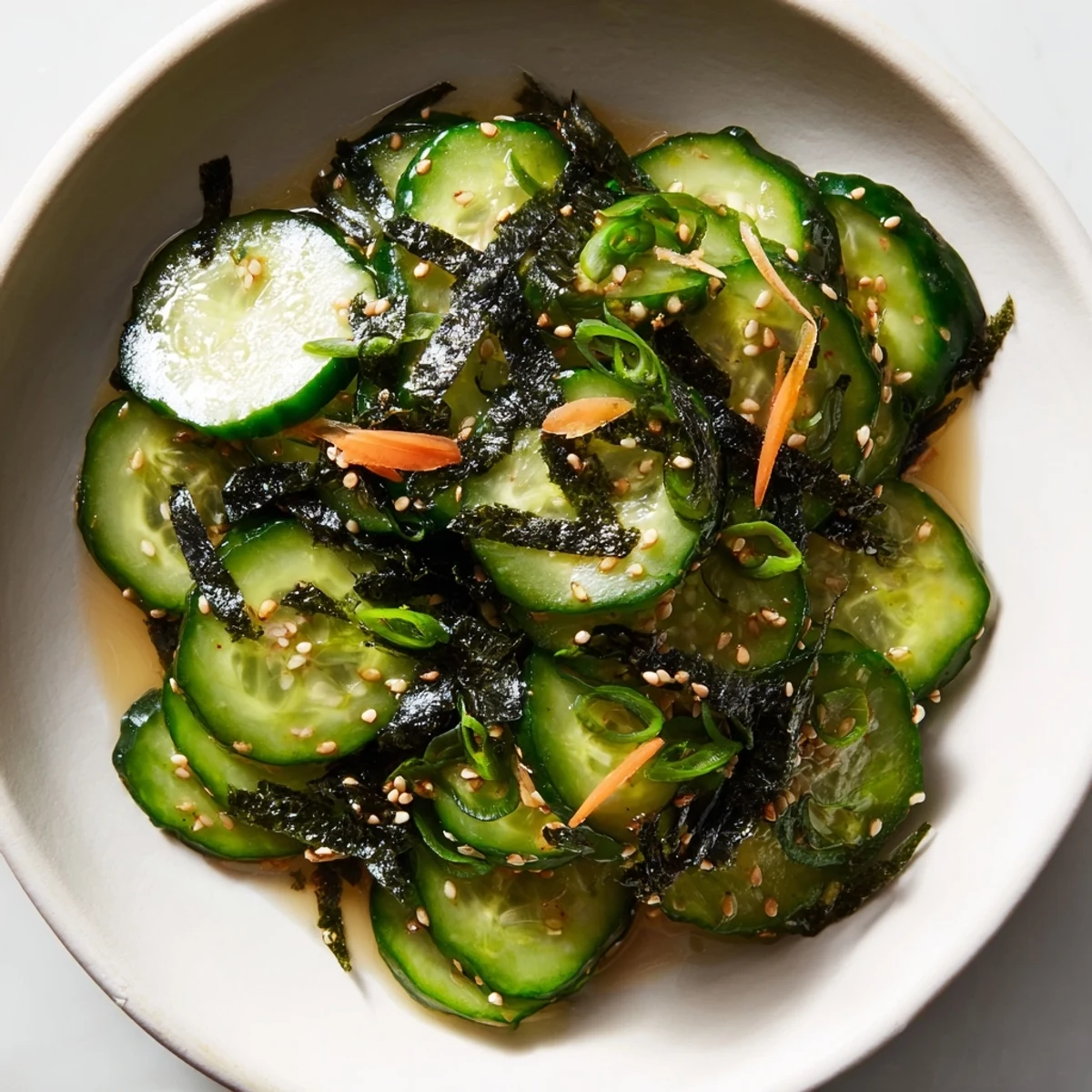Thinly sliced cucumbers in tangy rice vinegar dressing for Sushi Cucumber Salad