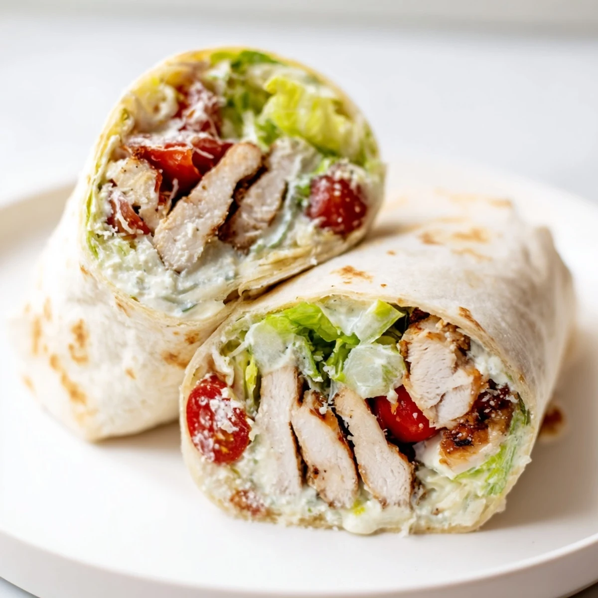 Golden grilled chicken Caesar wraps with crisp romaine and creamy dressing in flour tortillas
