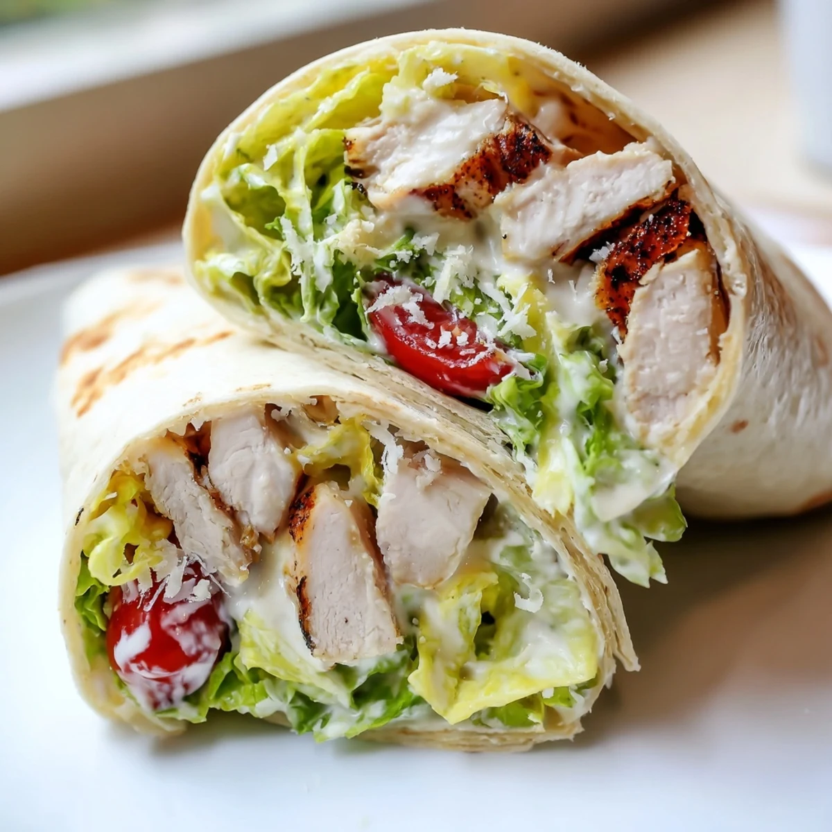 Chicken Caesar wraps sliced in half showing tender juicy meat and fresh green lettuce