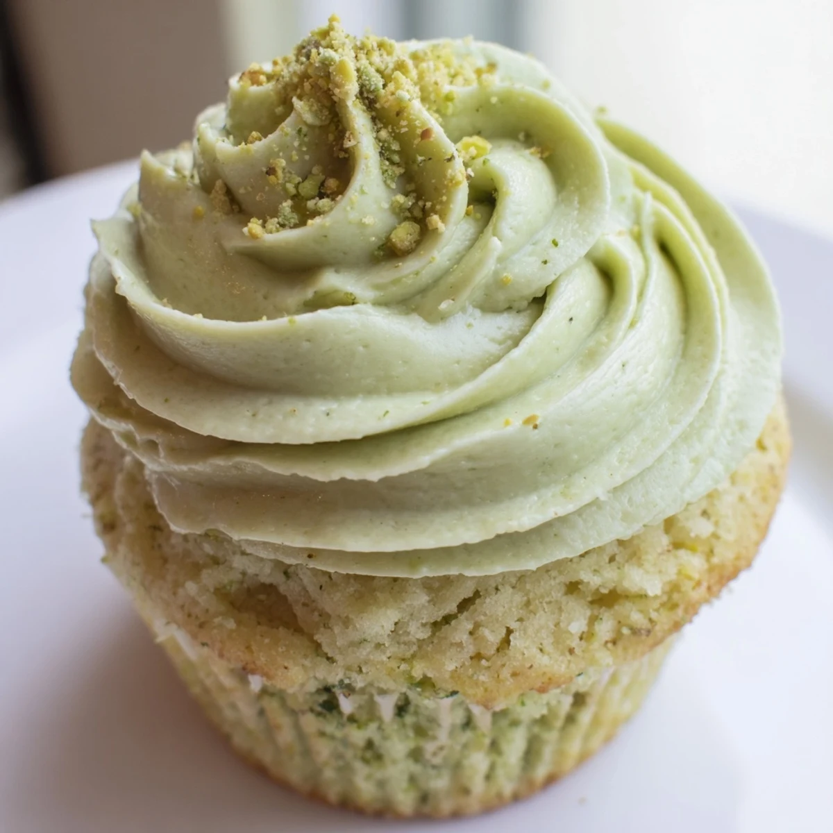 Pistachio cupcakes topped with swirls of creamy green buttercream on a rustic wooden board