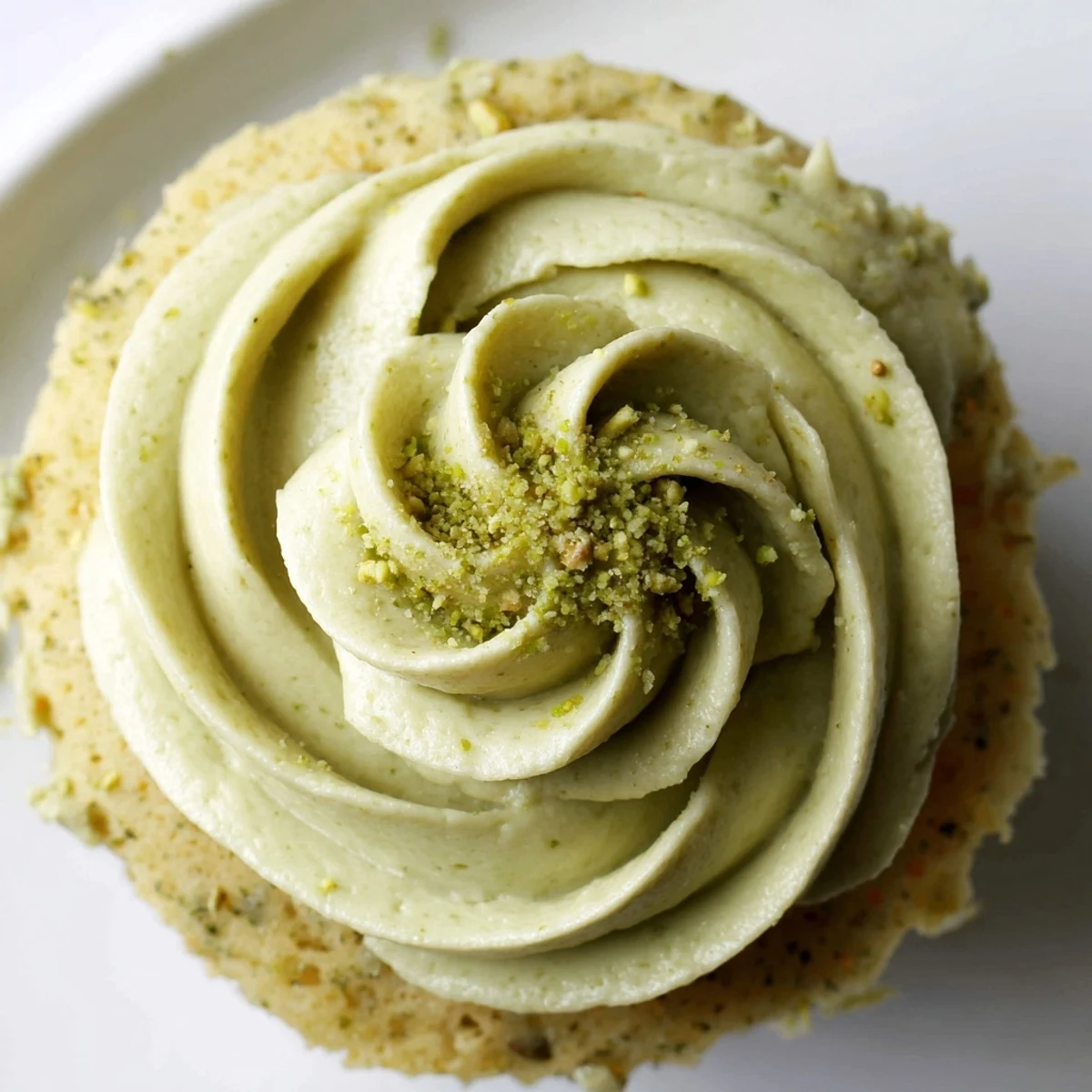 Moist pistachio cupcakes with fluffy frosting and chopped nuts sprinkled on top for garnish