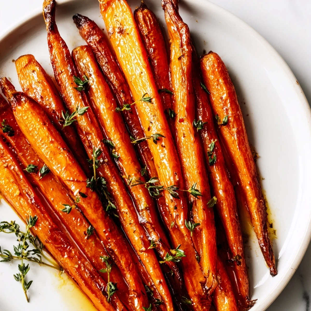 Golden honey roasted carrots glistening with caramelized glaze on a white serving platter