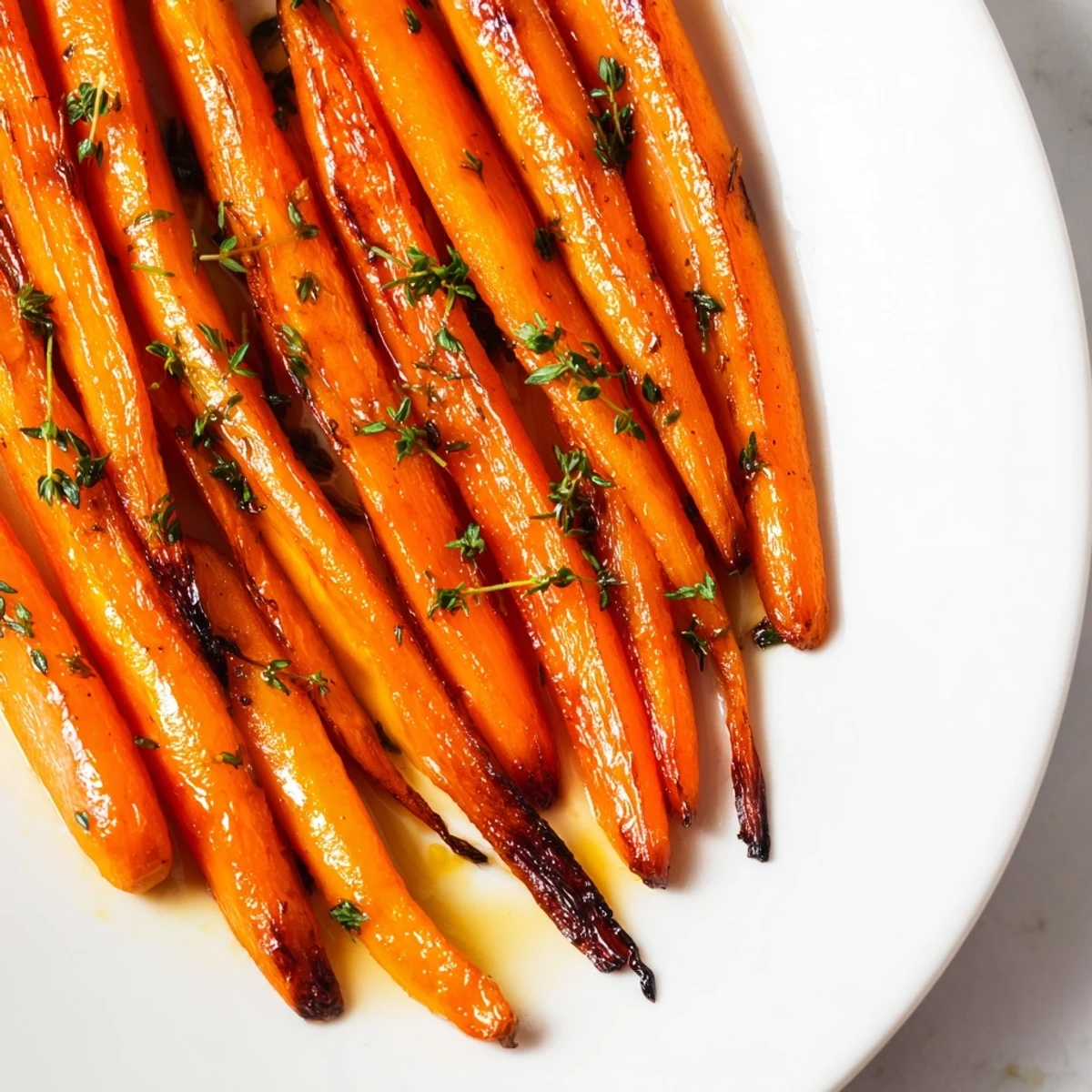 Tender honey roasted carrots with fresh herbs arranged on a rustic baking sheet