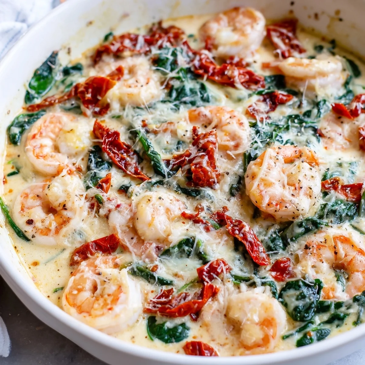 Golden Low Carb Shrimp Tuscan Bake bubbling with melted mozzarella and creamy sauce