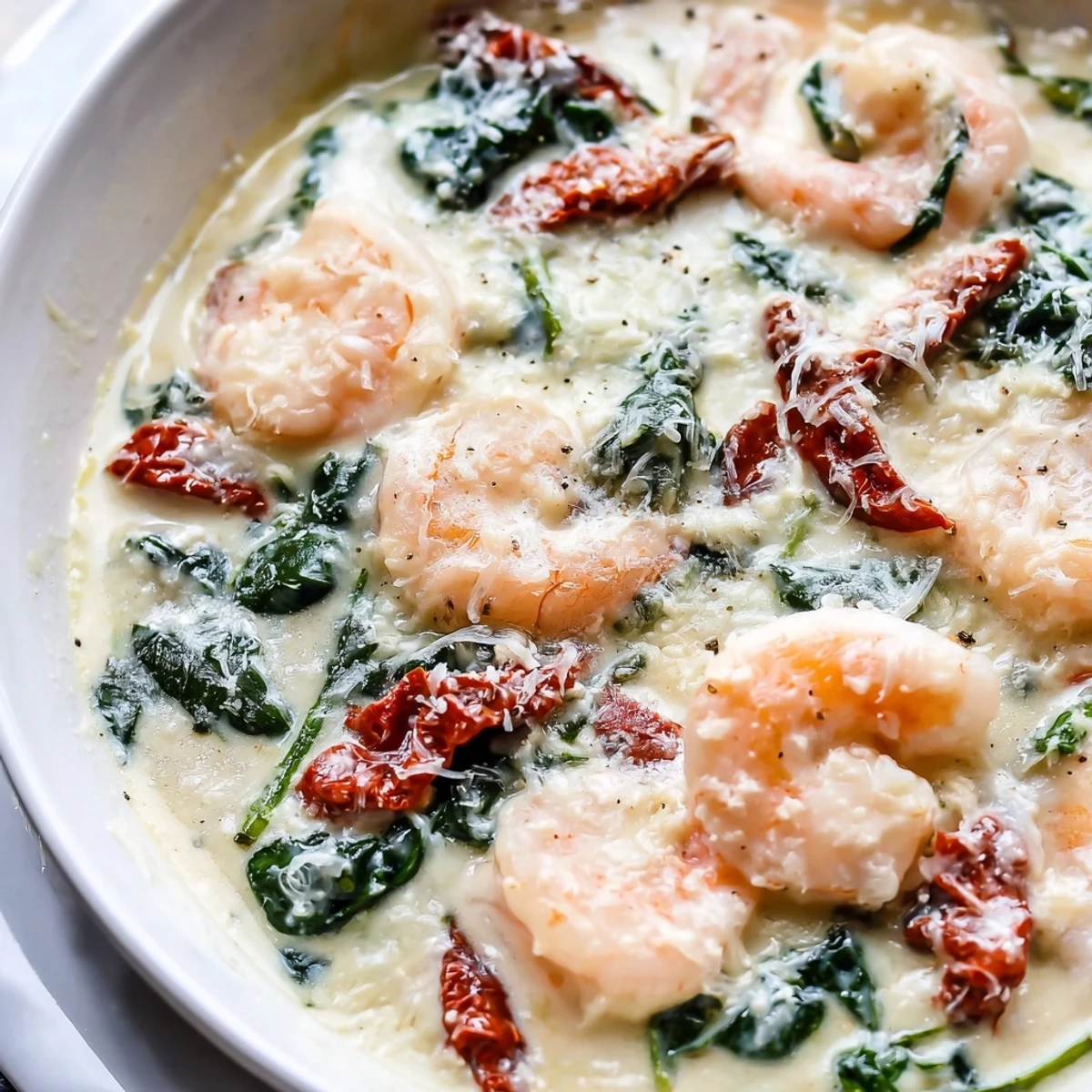 Low Carb Shrimp Tuscan Bake topped with melted cheese and sun-dried tomatoes