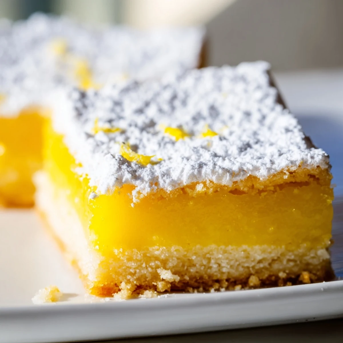 Golden lemon bars with powdered sugar dusting on a rustic white serving plate