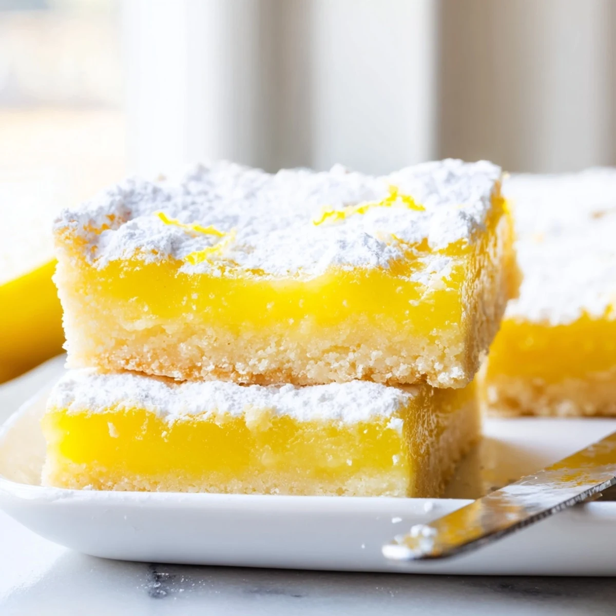 Fresh baked lemon bars with zesty curd topping on a golden shortbread base