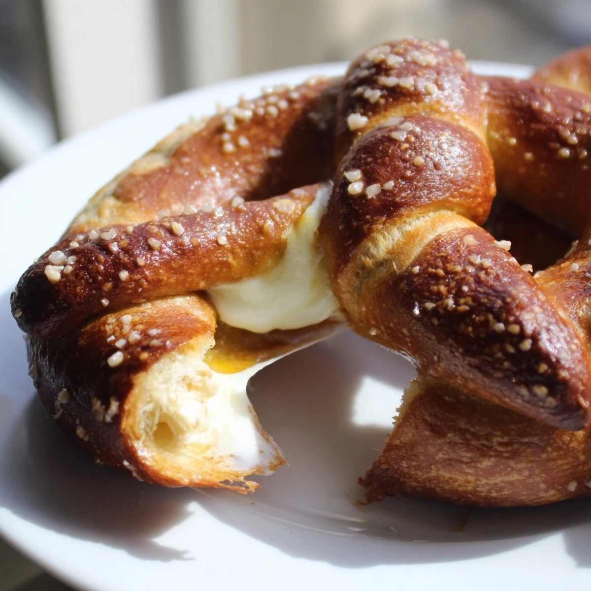 Golden brown mozzarella stuffed soft pretzels with coarse salt sprinkled on top