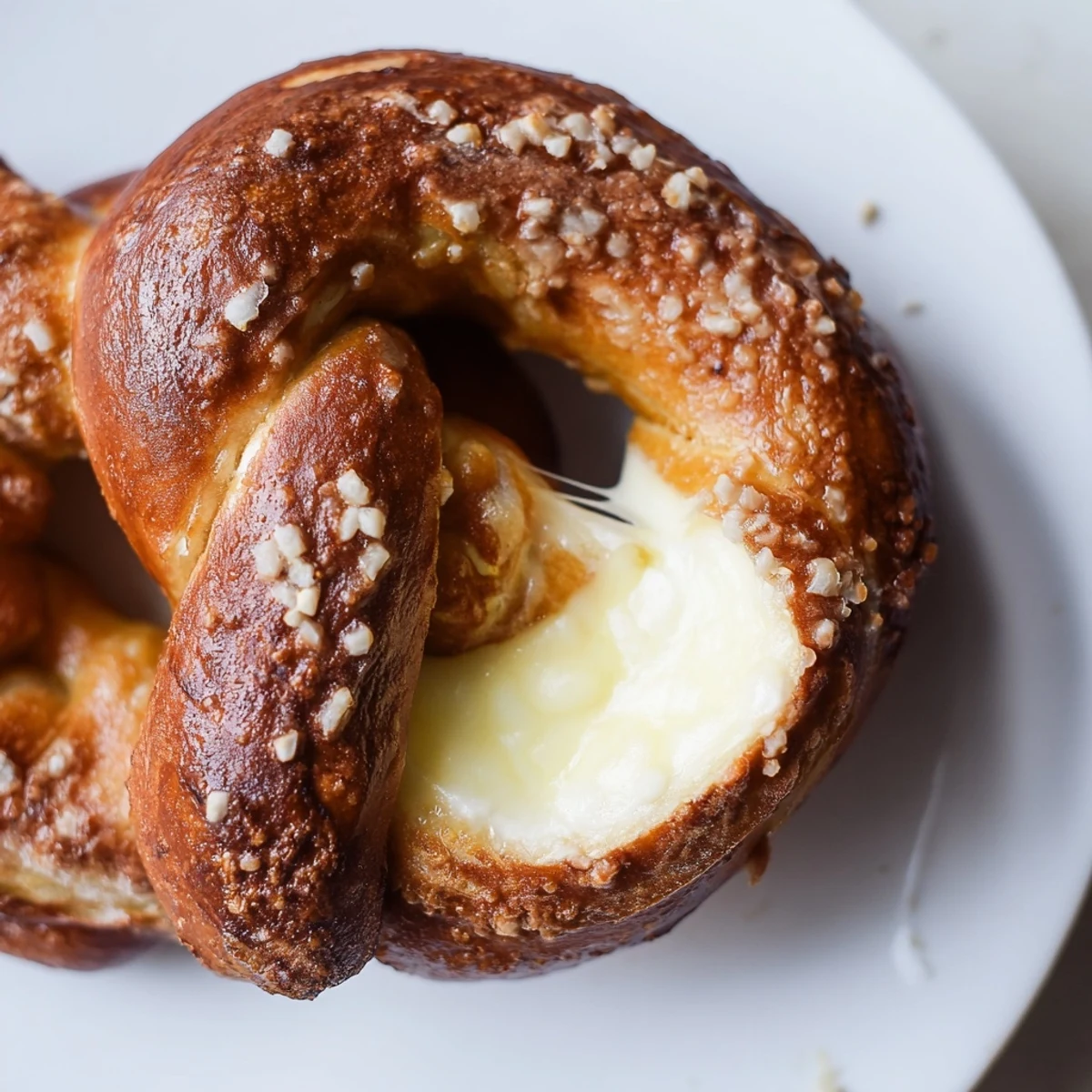 Warm mozzarella stuffed soft pretzels oozing melted cheese from inside chewy twisted dough