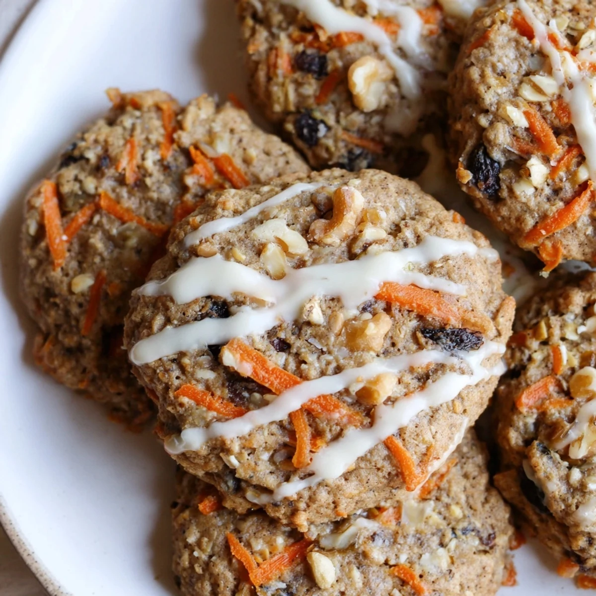 Chewy brown butter carrot cake cookies with golden edges, studded with walnuts and grated carrots on a rustic baking sheet