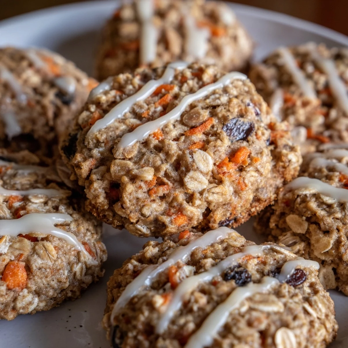Soft chewy brown butter carrot cake cookies drizzled with cream cheese glaze, garnished with extra walnuts for serving