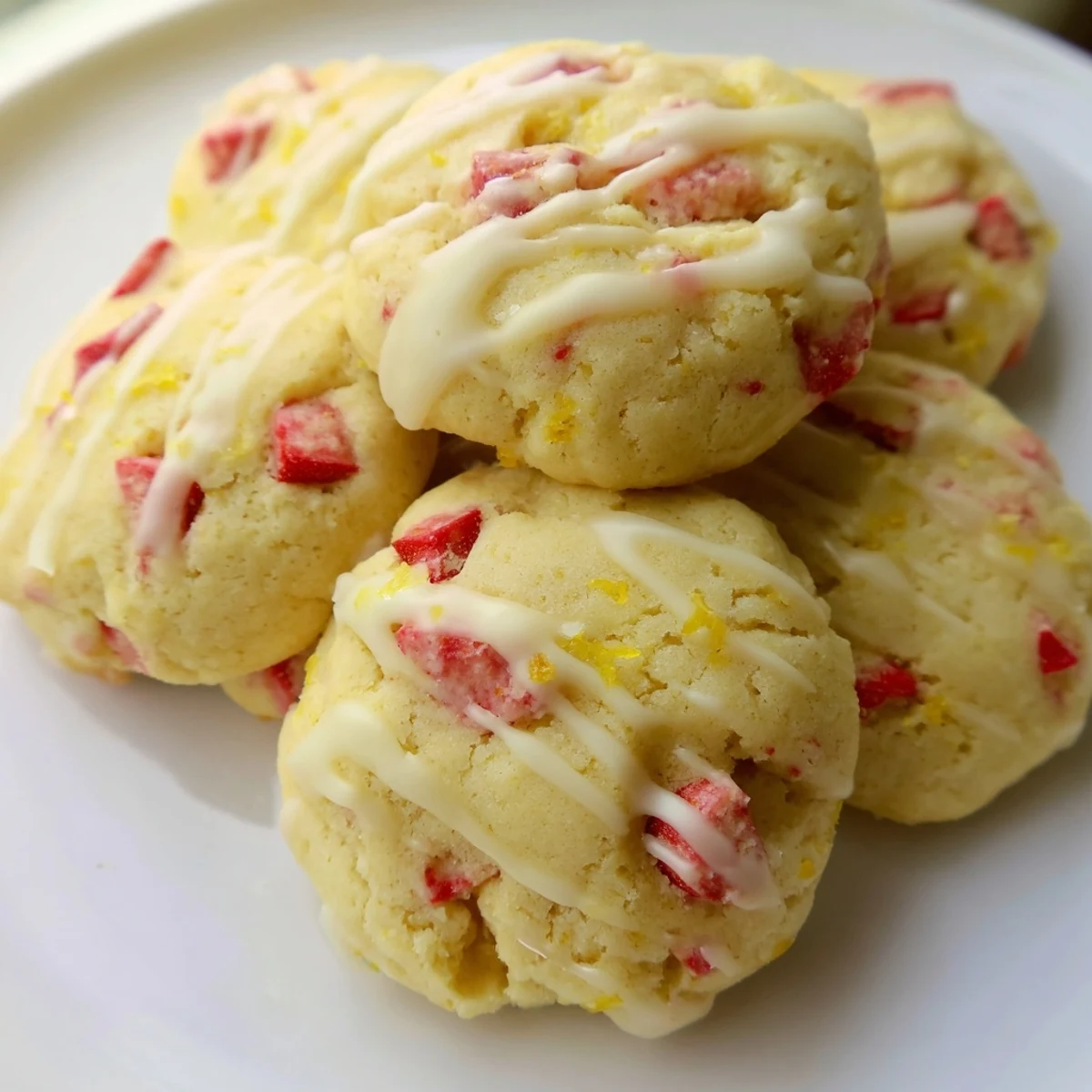 Soft strawberry lemonade cookies with pink fruit pieces drizzled in tangy citrus glaze on white parchment paper
