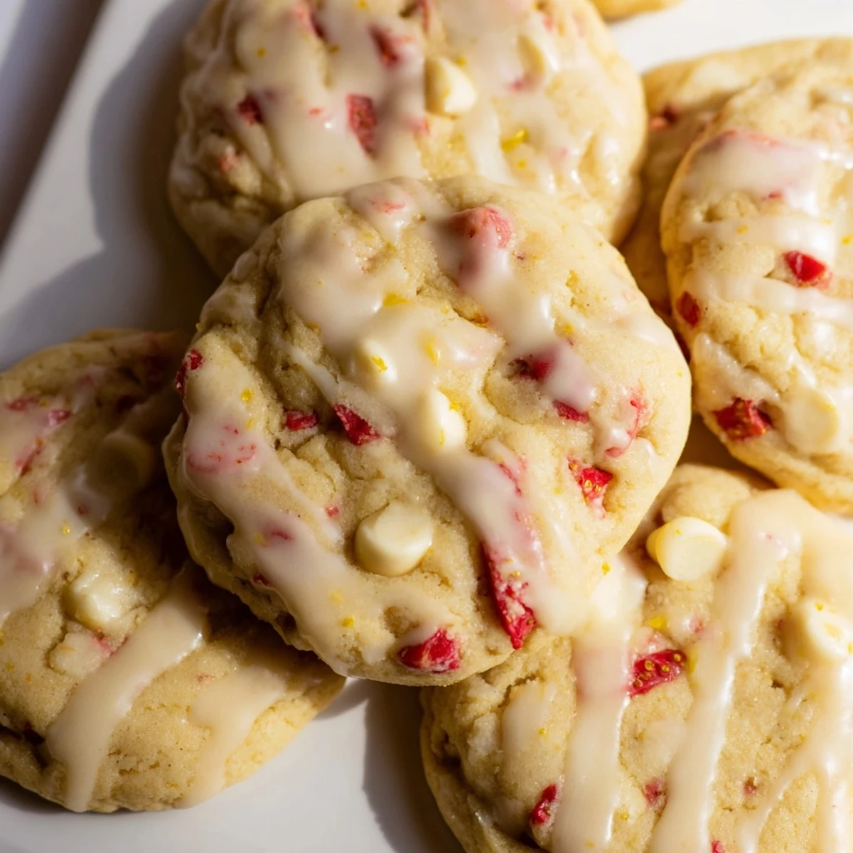 Chewy strawberry lemonade cookies with golden edges studded with fresh berries and sweet white chocolate chips