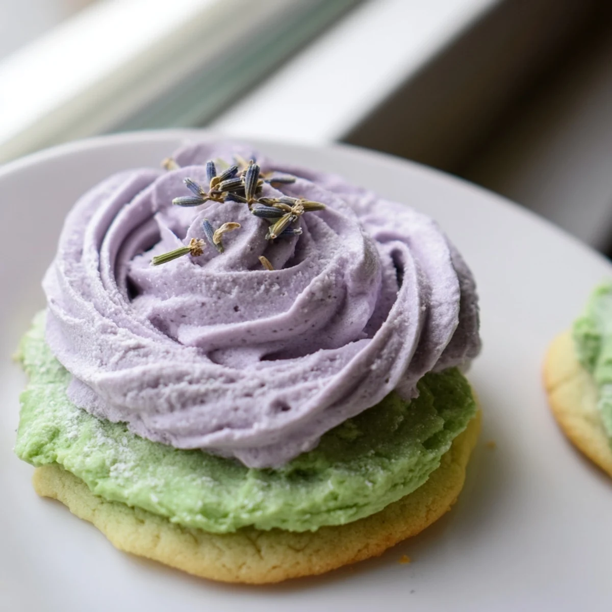 Soft green matcha sugar cookies with swirls of creamy lavender frosting on a rustic wooden board