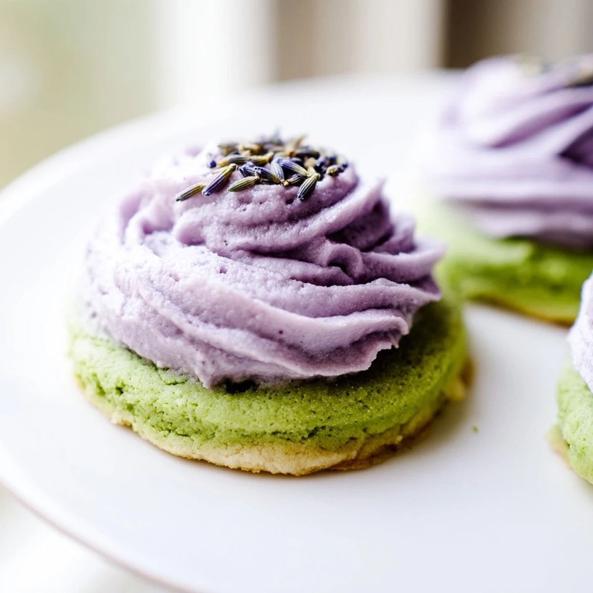Delicate matcha sugar cookies topped with purple lavender buttercream and garnished with tiny flower buds