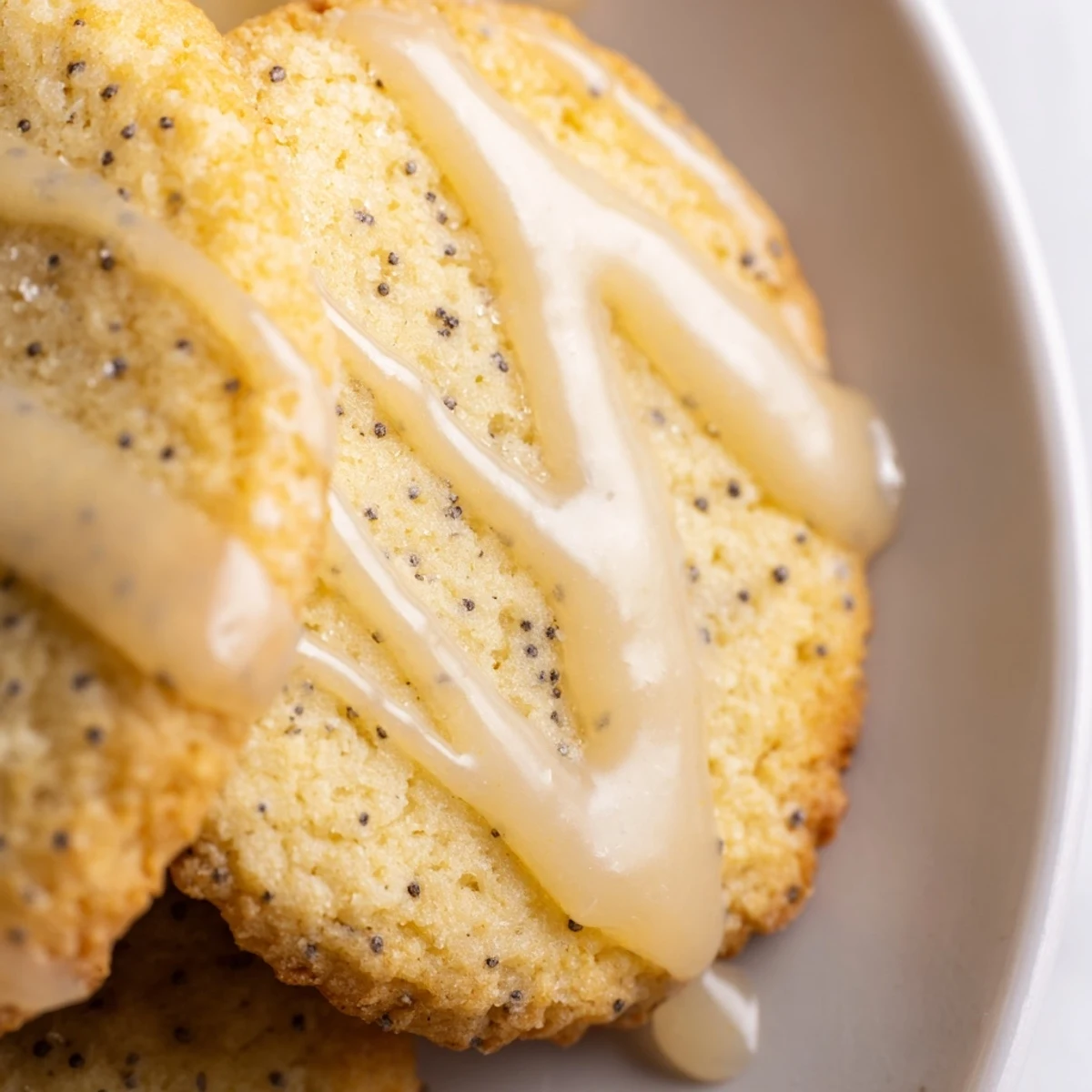 Golden lemon poppy seed cookies with crackly tops arranged on a rustic white ceramic plate