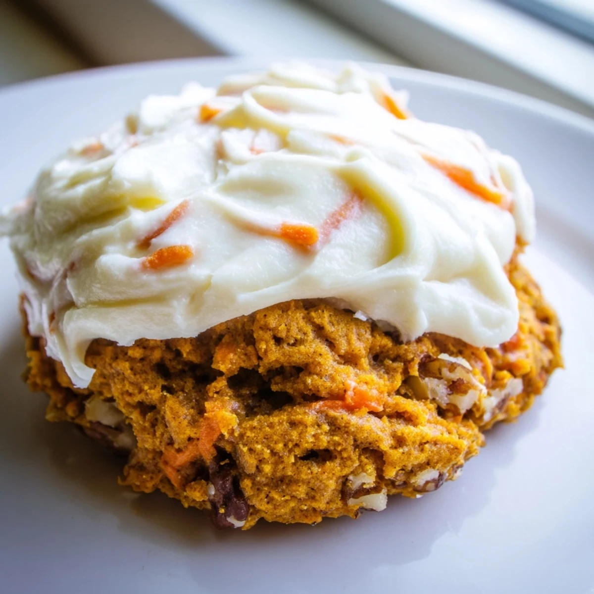 Soft Crumbl carrot cake cookies with swirled cream cheese frosting on a white plate