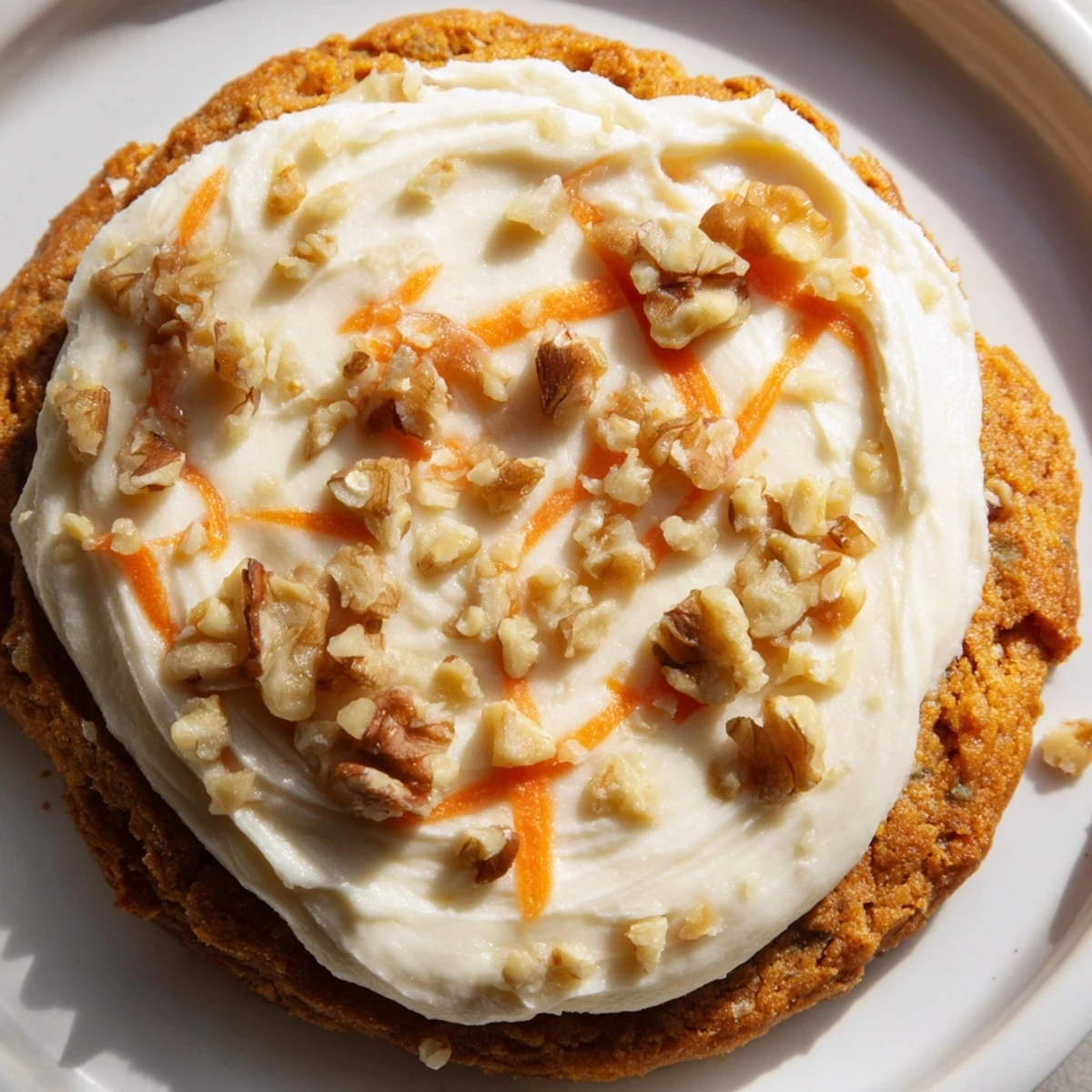 Thick spiced carrot cake cookies topped with fluffy cream cheese frosting and chopped walnuts