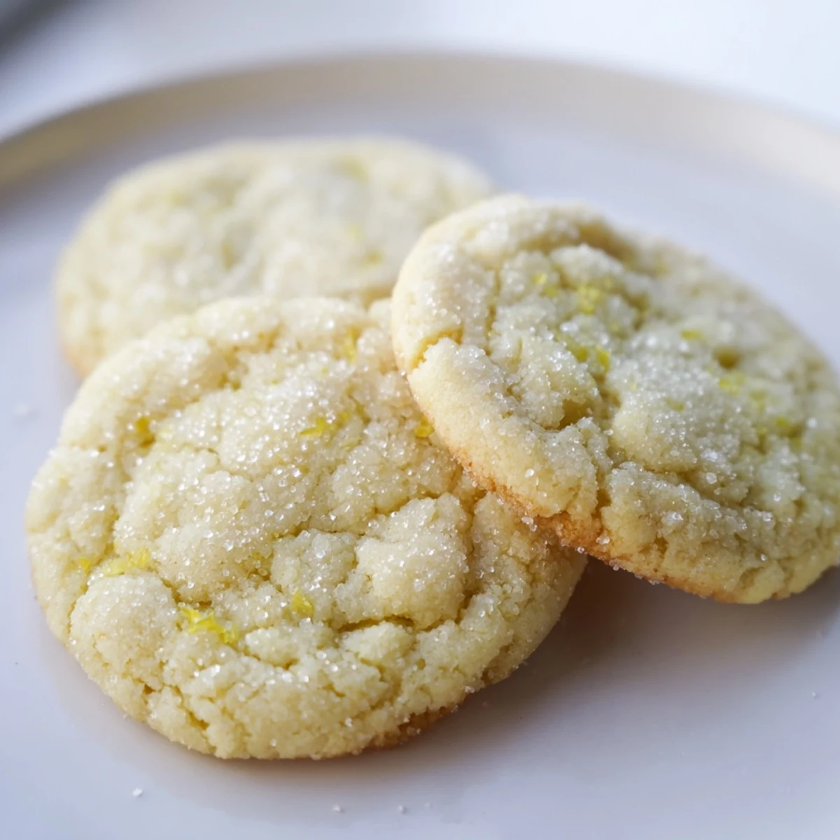 Chewy lemon sugar cookies with bright zest, arranged on a white platter