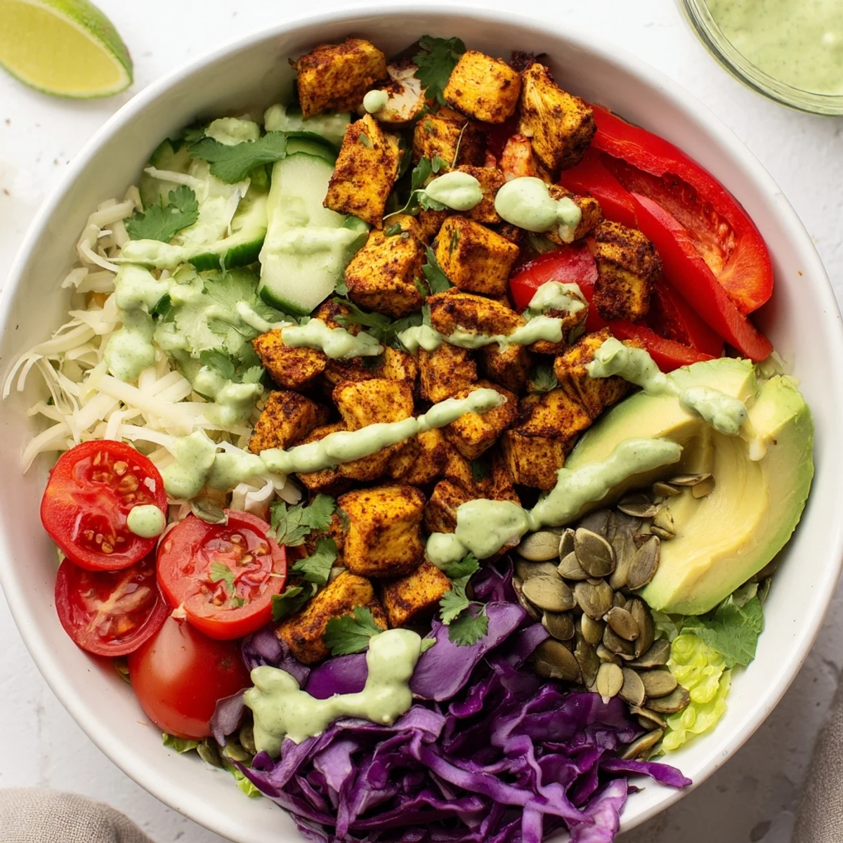 Colorful keto bowls loaded with fresh veggies, seasoned chicken, and creamy avocado dressing