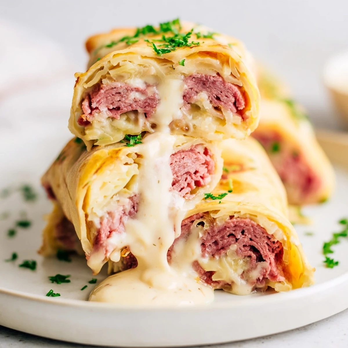 Golden low carb Reuben egg roll ups filled with melted Swiss cheese and tangy sauerkraut.