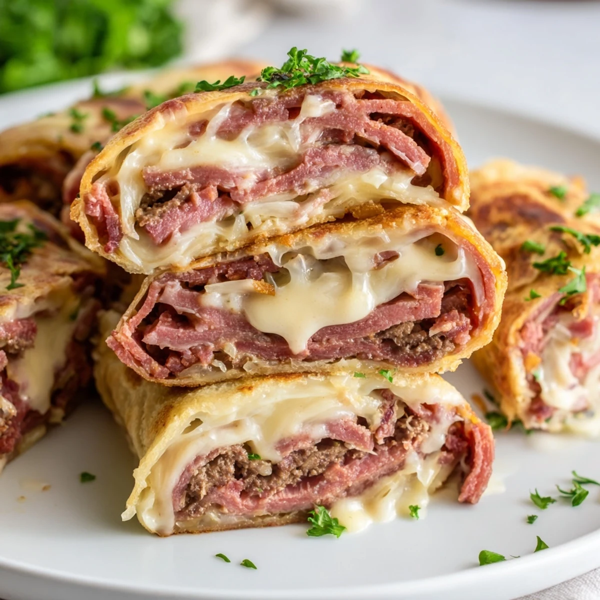 Low carb Reuben egg roll ups wrapped around savory corned beef and creamy dressing.