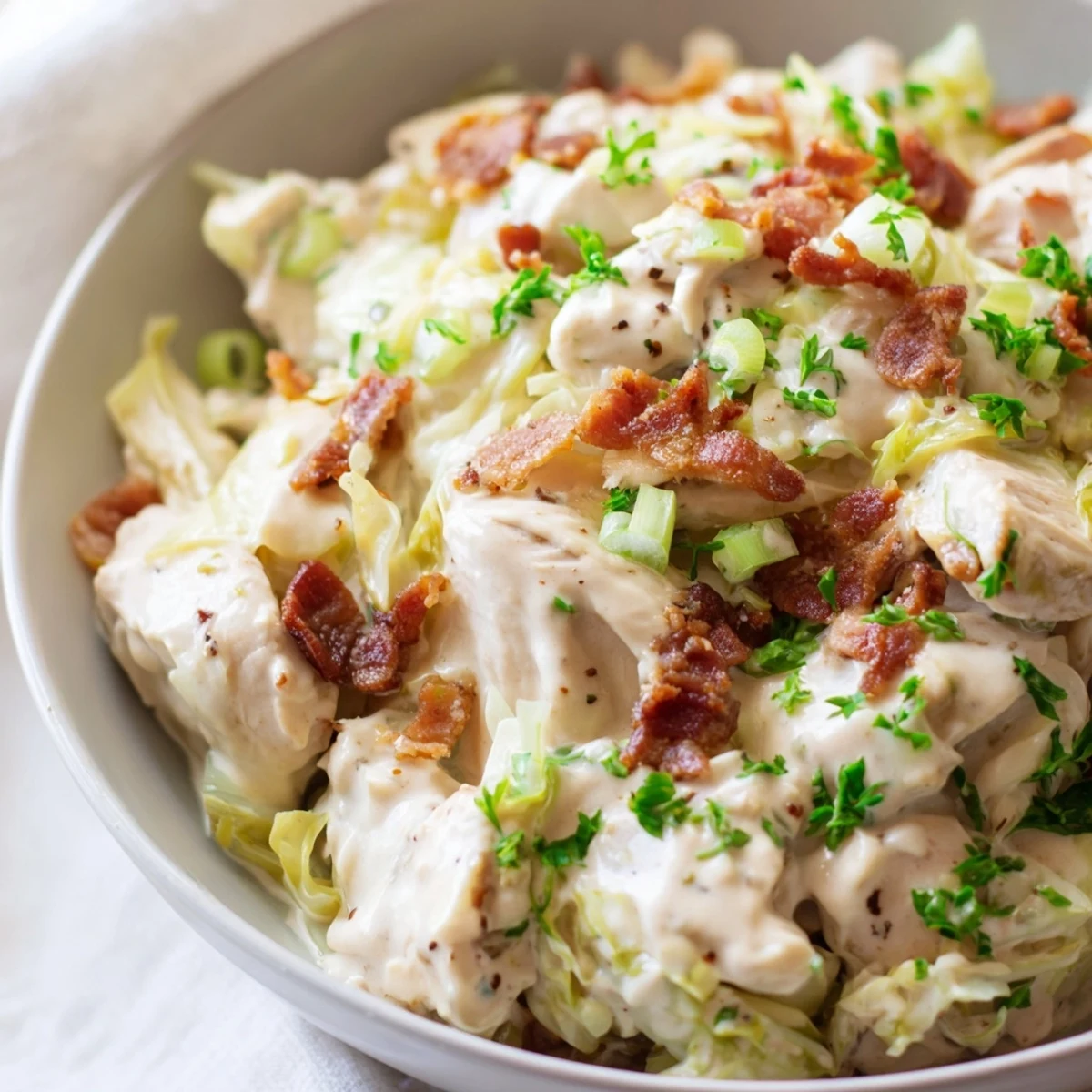 Creamy chicken bacon ranch cabbage bowls topped with melted cheddar and fresh green onions