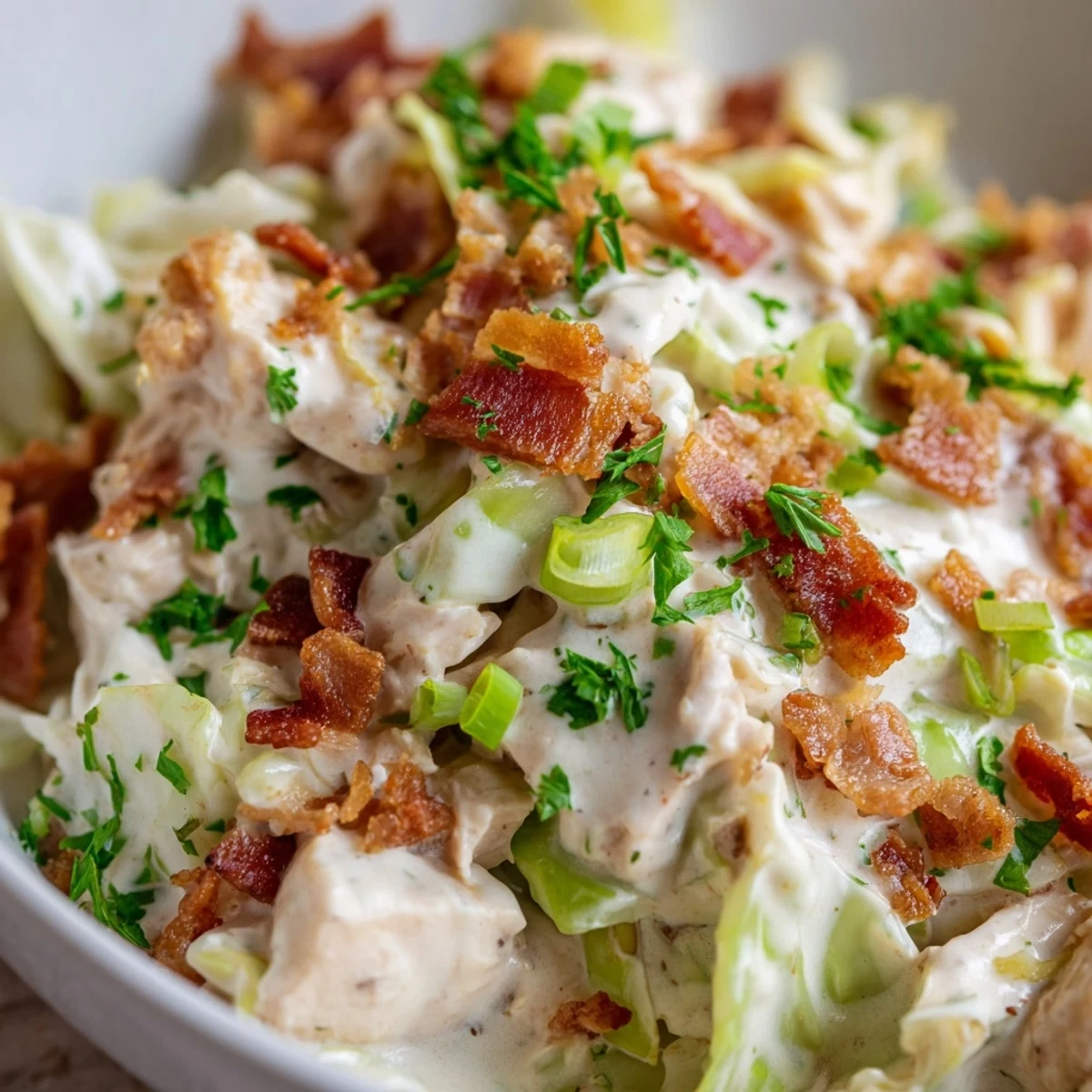 Tender chicken and crispy bacon tossed in creamy ranch sauce over sautéed green cabbage